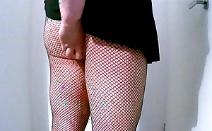 Chubby Virgin Sissy Ass Swallows Small Double Ended Dildo Wearing Fishnets and A Mini Skirt