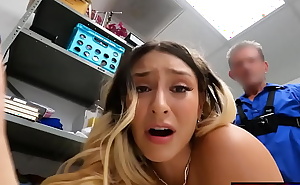 Sexy little thief swears her innocence but the security guard discovers her lies and she sucks his cock and lets him penetrate her hard, pounding her tight wet pussy until she cums and swallows his cum to come free.