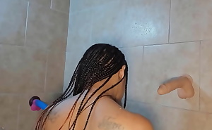 Petite ebony babe Yazmine with tiny tits washes hairy crotch