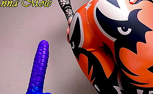 PAWG in spandex leggings wiggles her ass and rides a big ribbed dildo