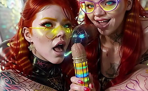 Strange double blowjob by two ginger AI twins dolls