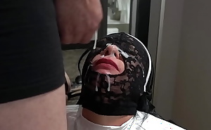 Sumisa hot wife receiving a hot cumshot while wearing a lace mask and nun custom