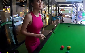 Cute Asian shemale teen Green plays game of pool and blowjob with sex after