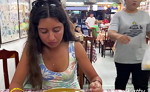Katty eats lunch in an Asian cafe without panties and flashing pussy in public