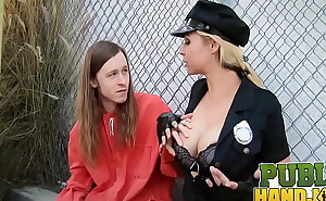 PUBLIC HANDJOBS Naughty cop Sarah Vandella jerks prisoner's cock for messy facial