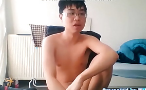 Hot gay smooth asian twink boy shows off his breakfast and nice body
