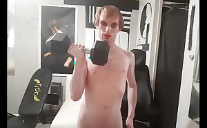 Transgirl domme exercises with dumbbells