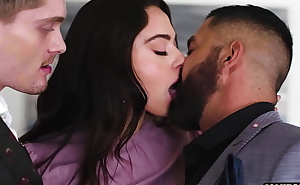 Bisexual guys Jay Tee and big cock Dominic Pacifico fucked hot big ass teen Sophia Burns after perfect blowjob