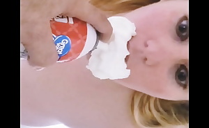 Fat submissive cocksucking wife takes whip cream and cock