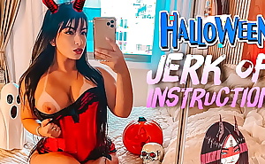 Naughty little devil cosplay big ass and big tits latina JOI jerk off instructions with her strap on asking you to cum over her feet