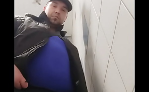 Chubby gay dildo play in public toilet