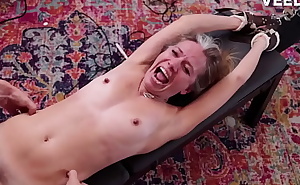 Skinny hyper ticklish naked milf tied and tickled on her sides and belly