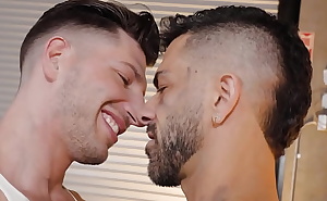 Two hung stud mechanics kiss deeply and then have sensual,exploratory sex  together in the garage