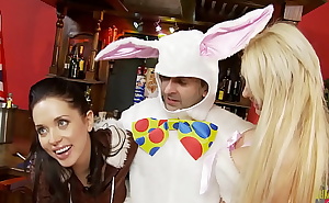 Stacey Saran is having threesome sex with a guy in a bunny costume